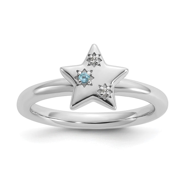 Sterling Silver Stackable Star Ring - .85mm, Rhodium-Plated, Blue White Topaz