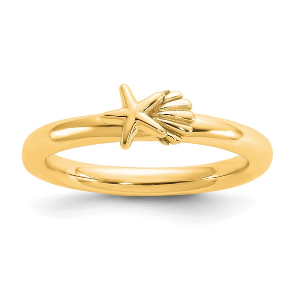 Gold-Plated Starfish & Shell Stackable Ring in Sterling Silver