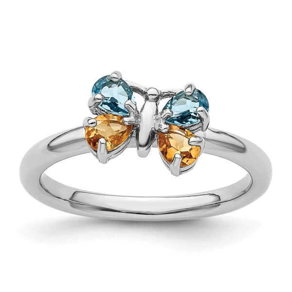 Sterling Silver Stackable Butterfly Ring, Blue Topaz Citrine Accents