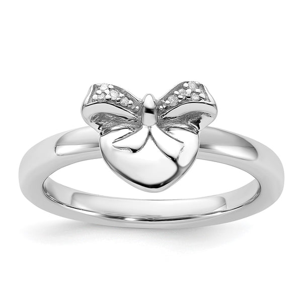 Sterling Silver Heart & Bow Diamond Stackable Ring