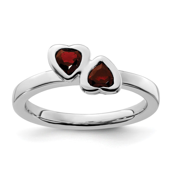 Sterling Silver Double Heart Garnet Stackable Ring