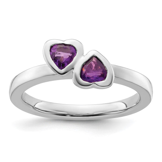 Buy Stylish Sterling Silver Amethyst Double Heart Stackable Ring - 14K Gold