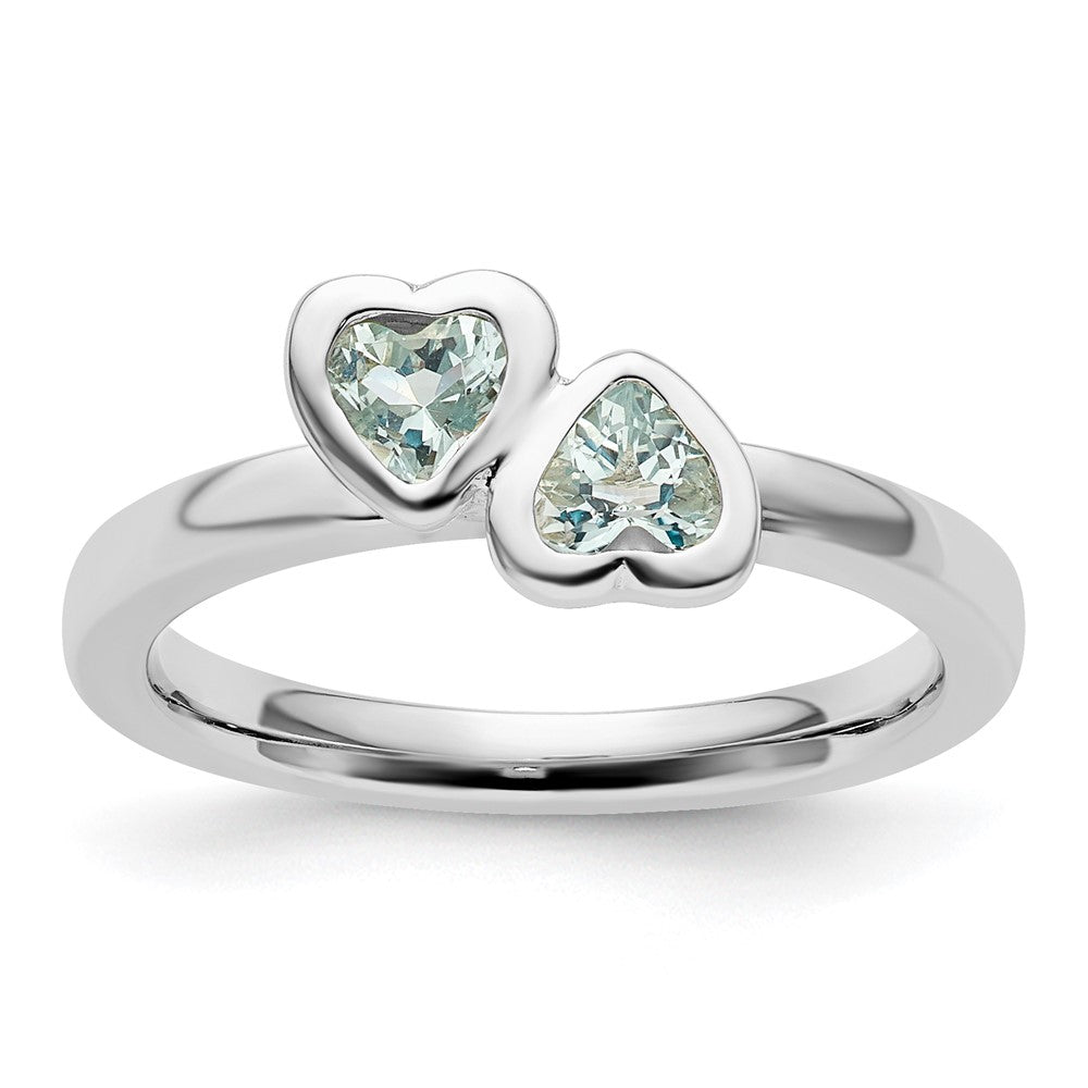 Buy Stylish Sterling Silver Double Heart Aquamarine Stackable Ring - 14K Value