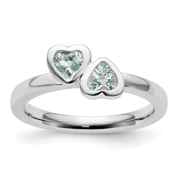 Sterling Silver Double Heart Aquamarine Stackable Ring