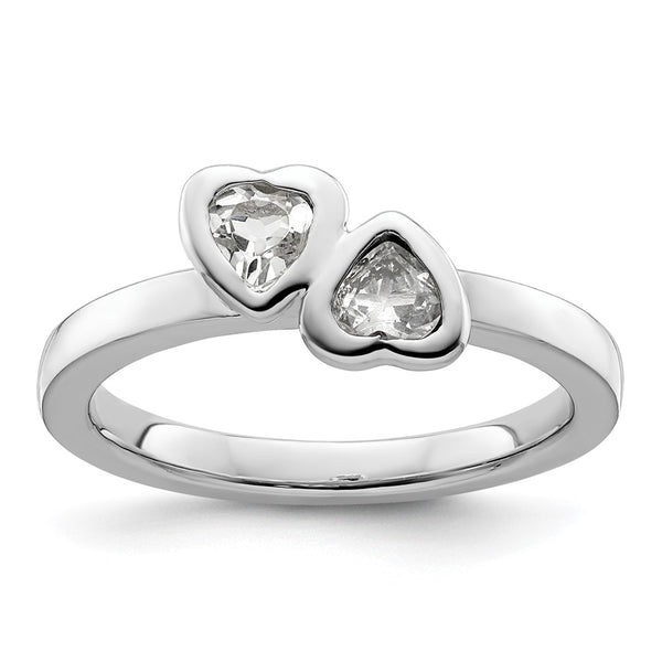 Sterling Silver Double Heart Ring with White Topaz