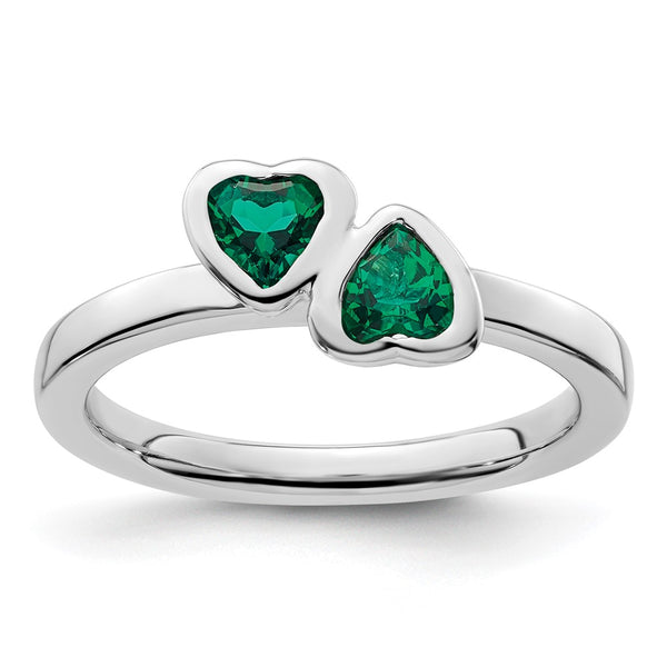 Sterling Silver Double Heart Ring with Created Emerald - 14K