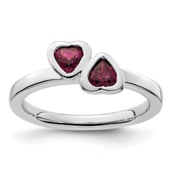 Sterling Silver Double Heart Stackable Ring with Rhodolite Garnet