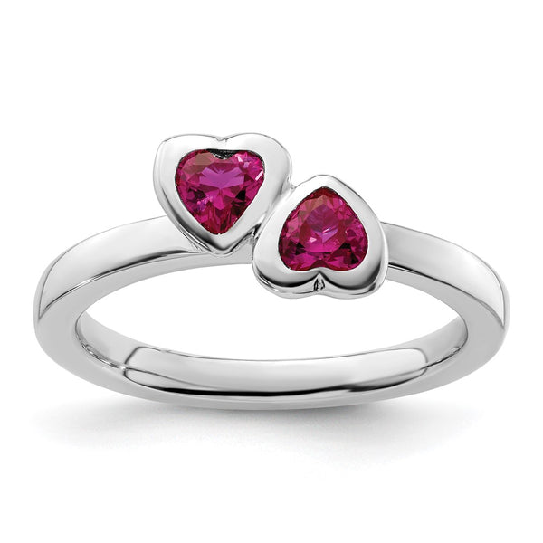 Sterling Silver Double Heart Stackable Ring with Created Ruby