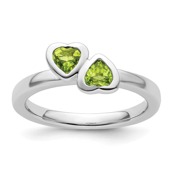 Sterling Silver Double Heart Peridot Stackable Ring - 14K Gold