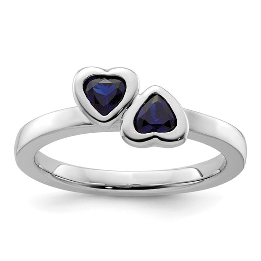 Exclusive Sterling Silver Double Heart Ring with Created Sapphire - Stylish & Stackable