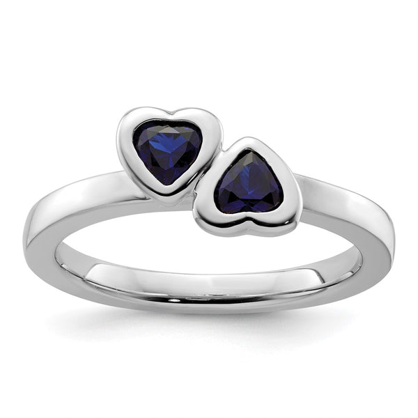 Sterling Silver Double Heart Stackable Ring with Created Sapphire