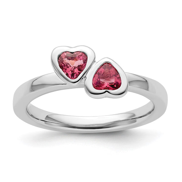 Sterling Silver Double Heart Ring with Pink Tourmaline, 14K Gold