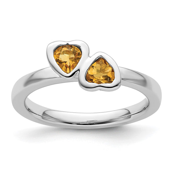 Sterling Silver Double Heart Citrine Stackable Ring