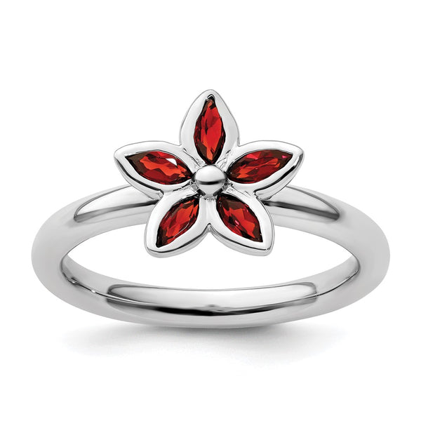 Sterling Silver Garnet Flower Stackable Ring
