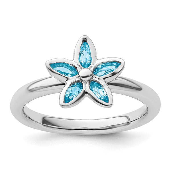 Sterling Silver Stackable Floral Ring with Blue Topaz, 14K