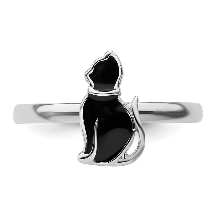 Exclusive Sterling Silver Stackable Cat Ring, Stylish Black Enamel Accent-4