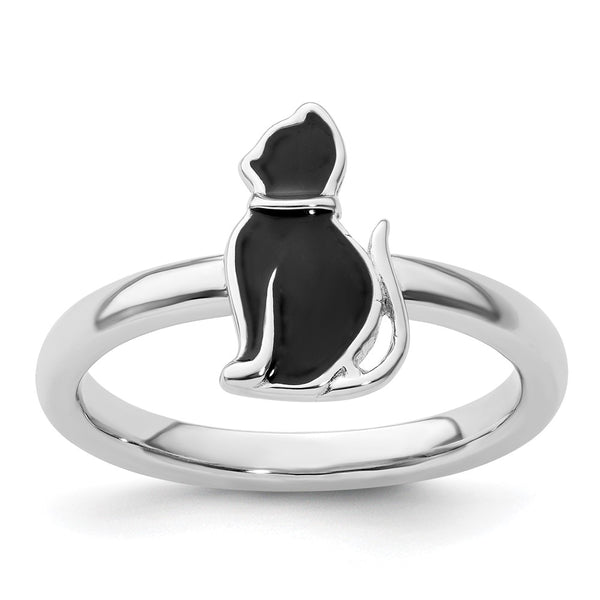 Sterling Silver Stackable Cat Ring - Black Enamel