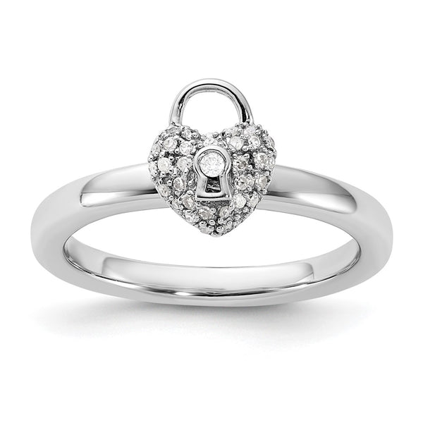 Polished Diamond Heart Lock Ring in Sterling Silver - 14K