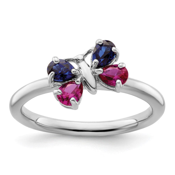 Sterling Silver Stackable Butterfly Ring with Ruby & Sapphire Accents