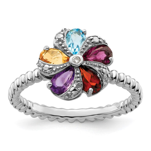 Exclusive Sterling Silver Stackable Ring with Gemstones & Diamonds - Stylish Value!