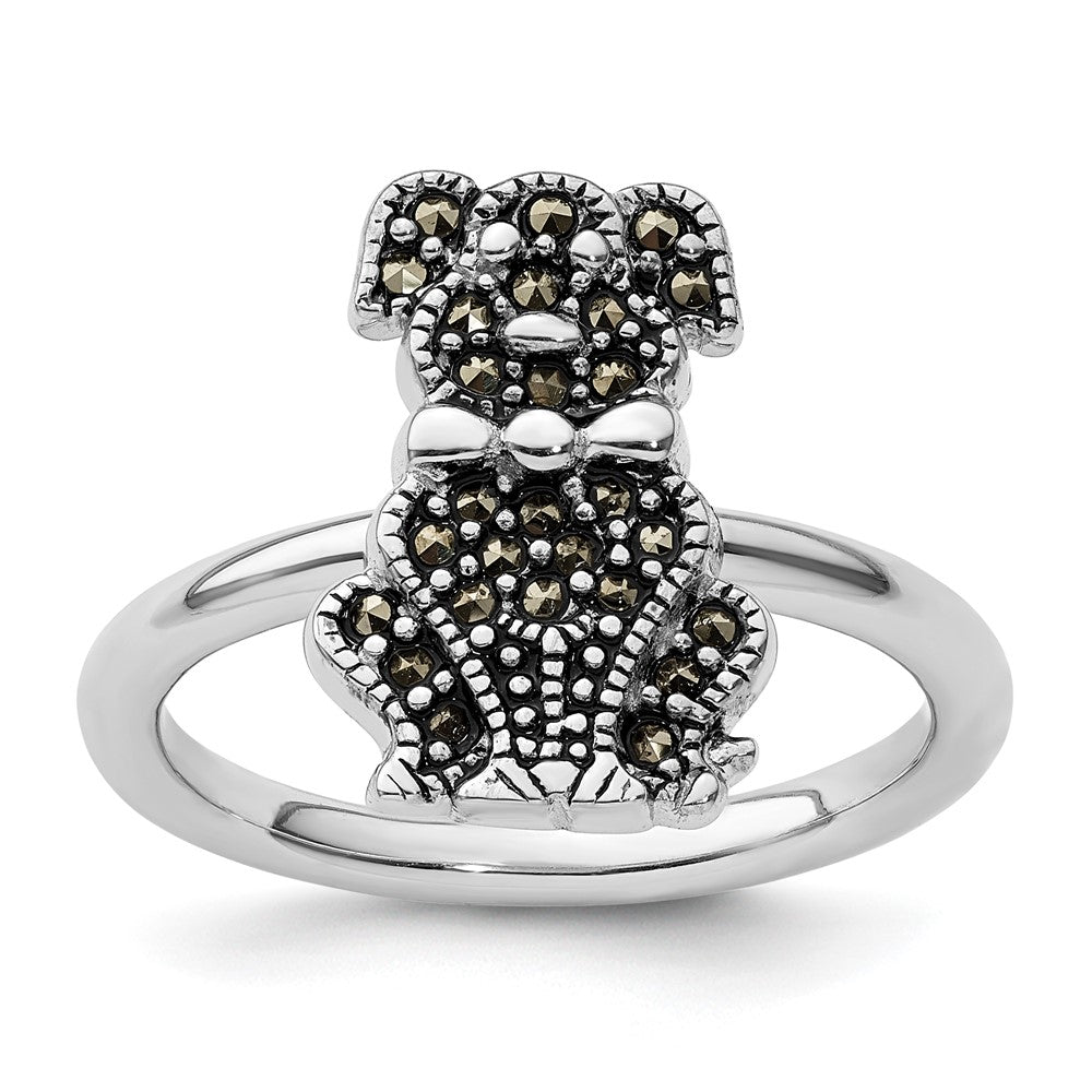 Designer Sterling Silver Marcasite Dog Ring - 14K Gold Accents, Stylish Value
