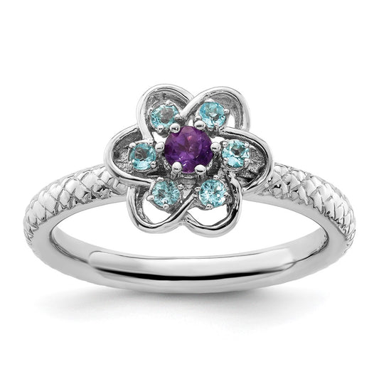 Exclusive Sterling Silver Stackable Ring with Amethyst & Blue Topaz Accents