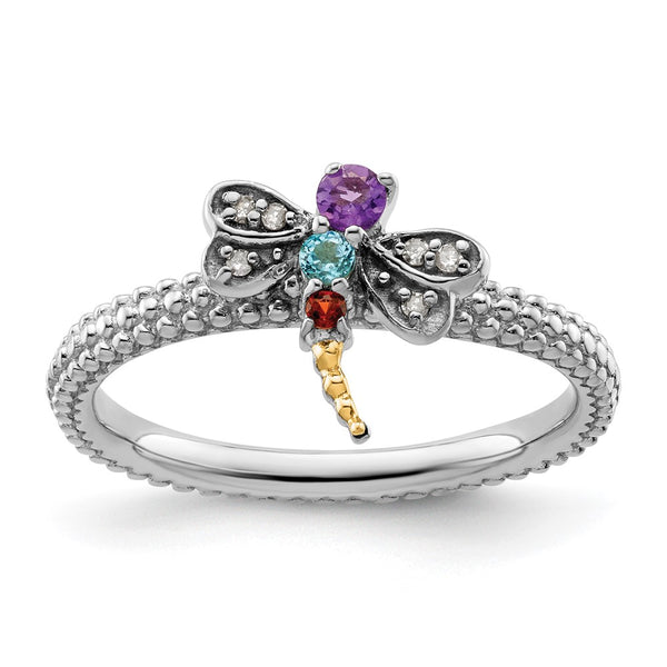 14K Gold & Sterling Silver Stackable Dragonfly Ring - Gemstones Diamonds