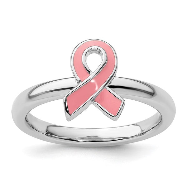 Sterling Silver Pink Enameled Awareness Ribbon Stackable Ring