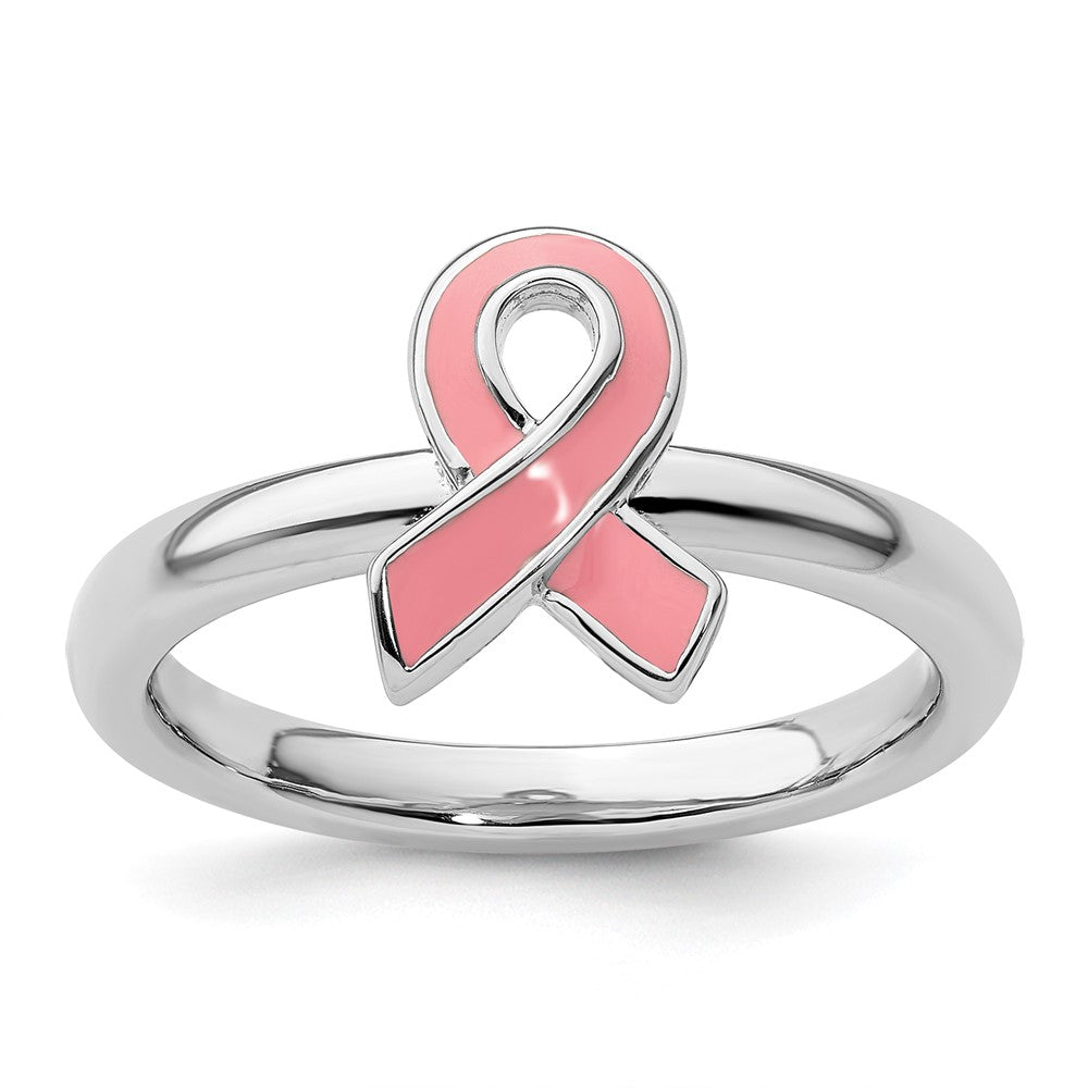 High-Quality Sterling Silver Stackable Pink Enameled Awareness Ribbon Ring | Stylish Value
