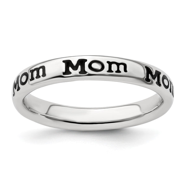 Polished Enameled Sterling Silver Stackable Mom Ring - 14K Gold