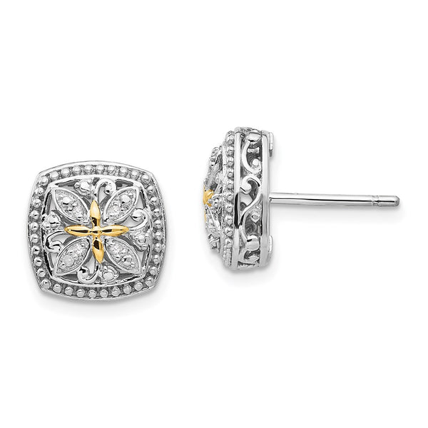 Shey Couture Vintage Post Earrings: .85mm Sterling Silver, 14K Gold Diamonds