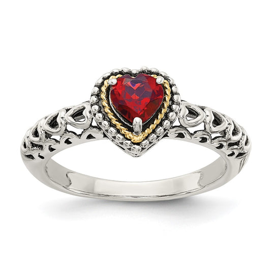 High-Quality Antiqued Heart Garnet Ring | 14K Gold Accent | Stylish Silver Design
