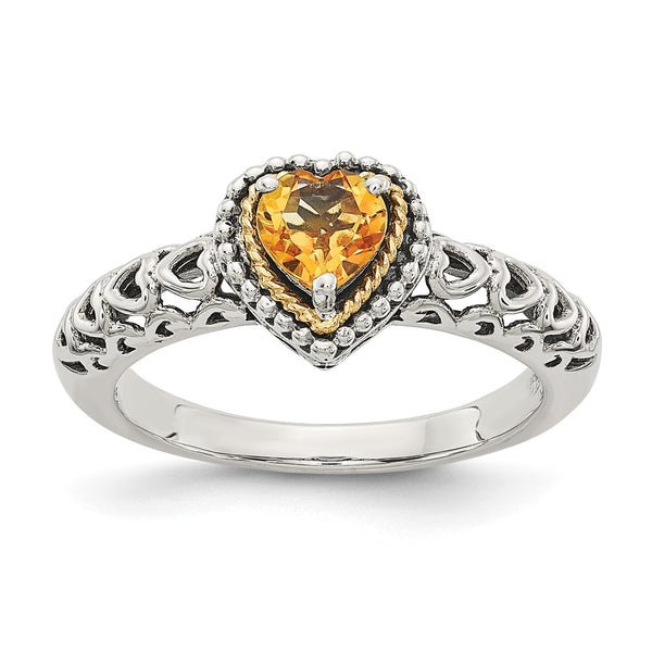 Antiqued Heart Ring with Citrine, 14K Gold, Silver