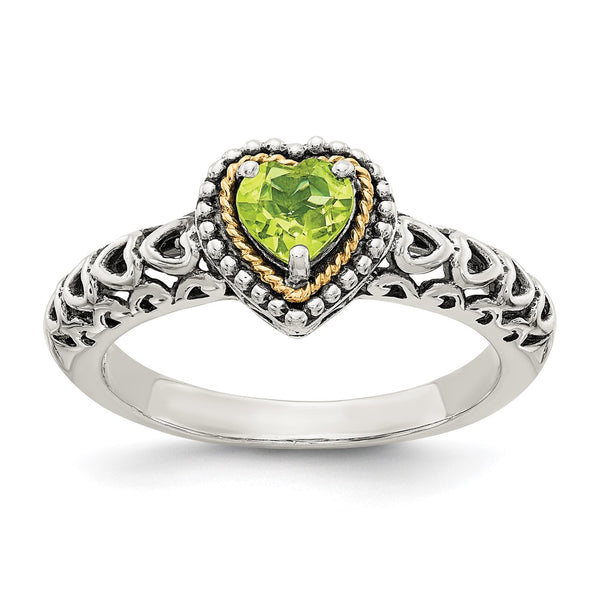 Antiqued Heart Ring in Sterling Silver with 14K Gold & Peridot