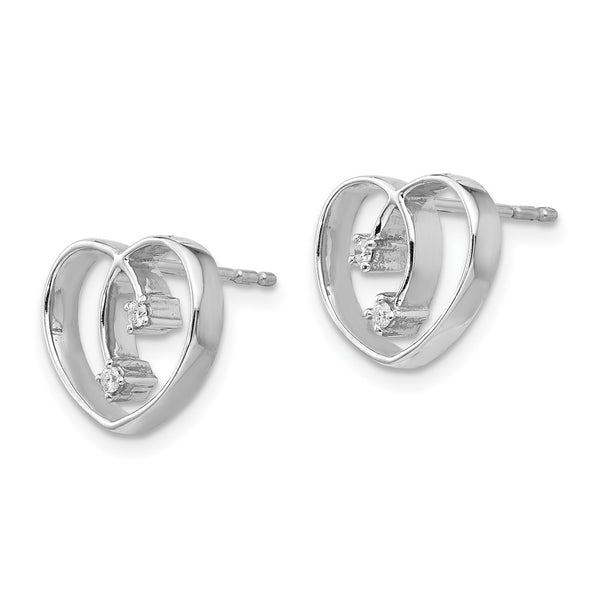 Rhodium-Plated Sterling Silver White Ice Diamond Heart Studs