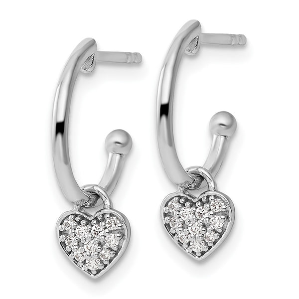 Rhodium-Plated Diamond Heart Dangle Earrings - 1.5" J-Hoops