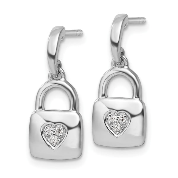 Diamond Heart Lock Dangle Earrings in Rhodium-Plated Silver
