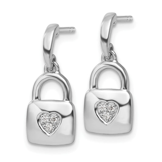 High-Quality Diamond Heart Lock Dangle Earrings in Rhodium-Plated Silver