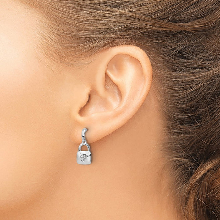 High-Quality Diamond Heart Lock Dangle Earrings in Rhodium-Plated Silver-3