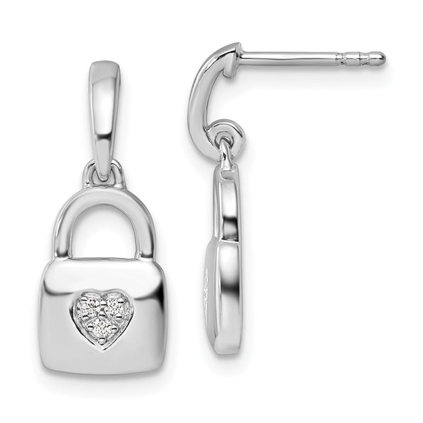 Diamond Heart Lock Dangle Earrings in Rhodium-Plated Silver