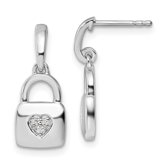 High-Quality Diamond Heart Lock Dangle Earrings in Rhodium-Plated Silver