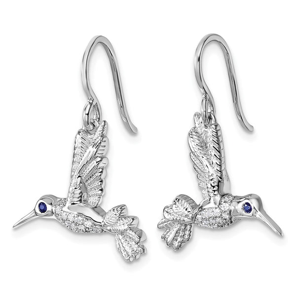 White Ice Sterling Silver Hummingbird Earrings, Diamond Sapphire Accents