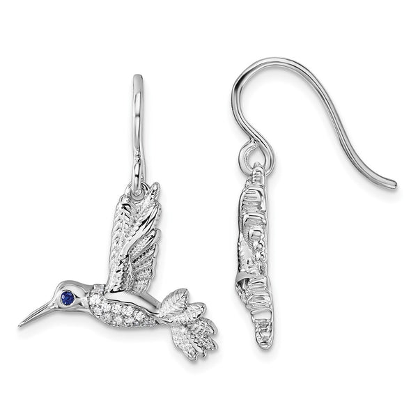 White Ice Sterling Silver Hummingbird Earrings, Diamond Sapphire Accents