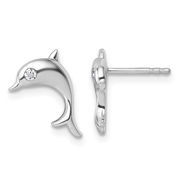 Rhodium-Plated Sterling Silver Dolphin Earrings - 0.10ct Diamonds