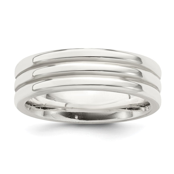 Polished Sterling Silver 6mm Flat Grooved Fancy Band