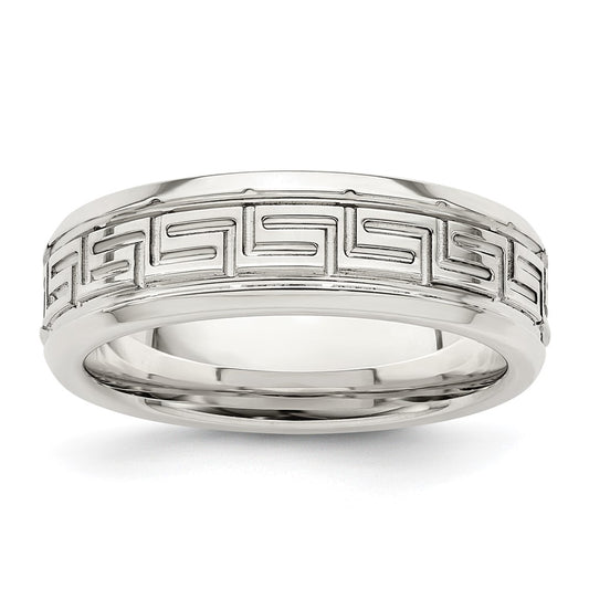 High-quality 6mm Beveled Edge Greek Key Design Sterling Silver Band - Size 9