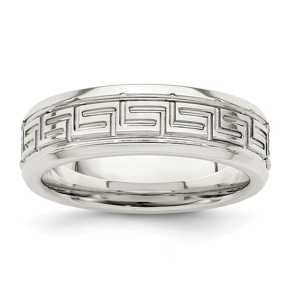 Buy Stylish 6mm Beveled Edge Greek Key Silver Band - Size 8.5, Affordable Luxury