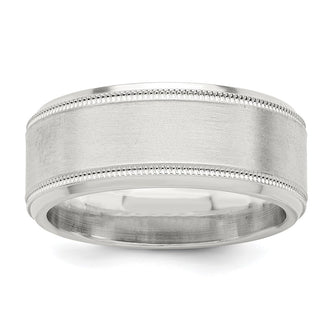 High-Quality 8mm Sterling Silver Brushed Milgrain Beveled Edge Ring - Size 8.5