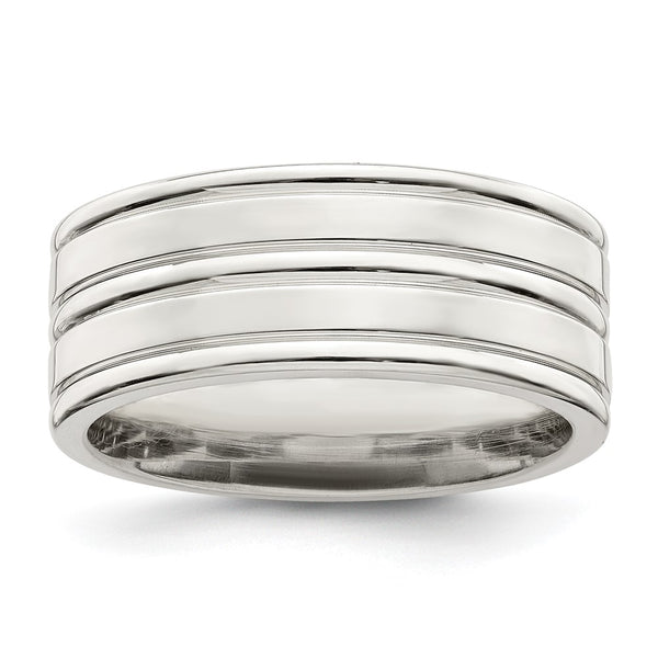 Polished Sterling Silver 8mm Flat Grooved Band