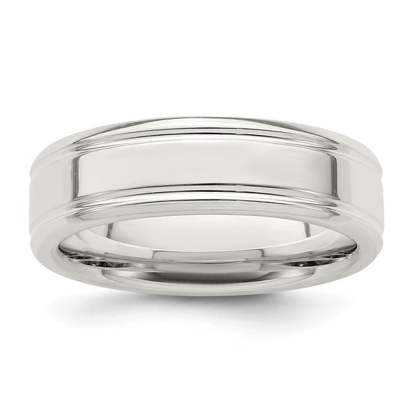 6mm Polished Sterling Silver Flat Grooved Fancy Band